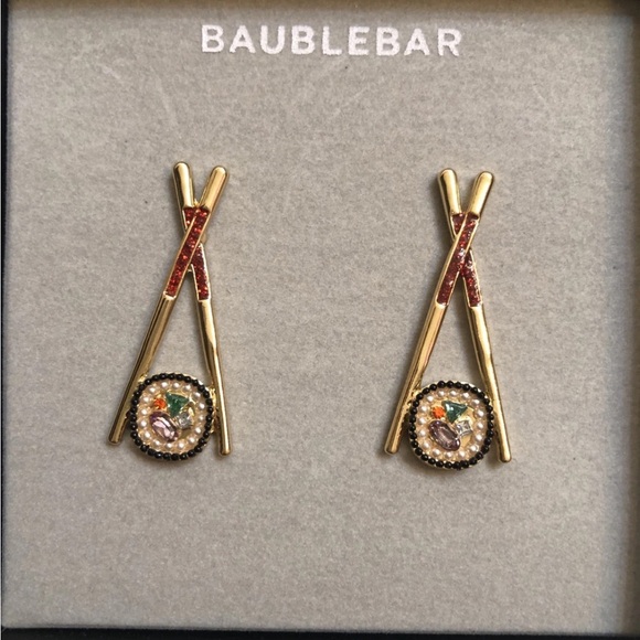 BaubleBar Gold Tone Chopsticks & Sushi Roll Drop Earrings Crystal Accents NIB - Picture 6 of 10